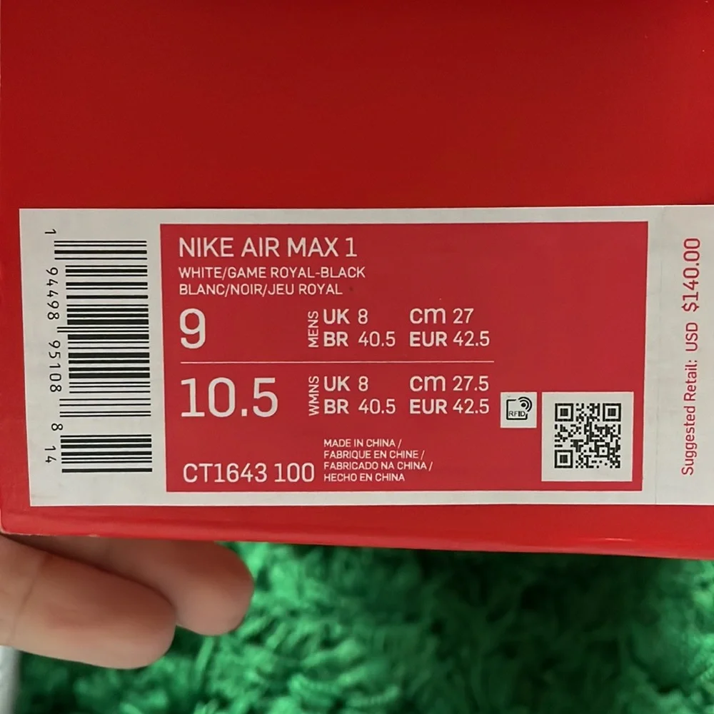 Nike Air Max 1. White/Game Royal/Black. Size 9 - Picture 4 of 4